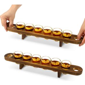 2 Pack Shot Glasses Serving Tray and Shot Glasses Set Rustic Wooden Holder for Drinking Tequila cups Set with Tray Whiskey Flight Board with cups for Party Restaurant Bar Display