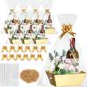 Fulmoon 20 Set Empty Gift Baskets Bulk for Gifts Wrapping Kraft Basket to Fill with Cellophane Wrap Bows Bags Raffia for Wedding Mothers Day Birthday Party(Gold Basket, Gold Bow)