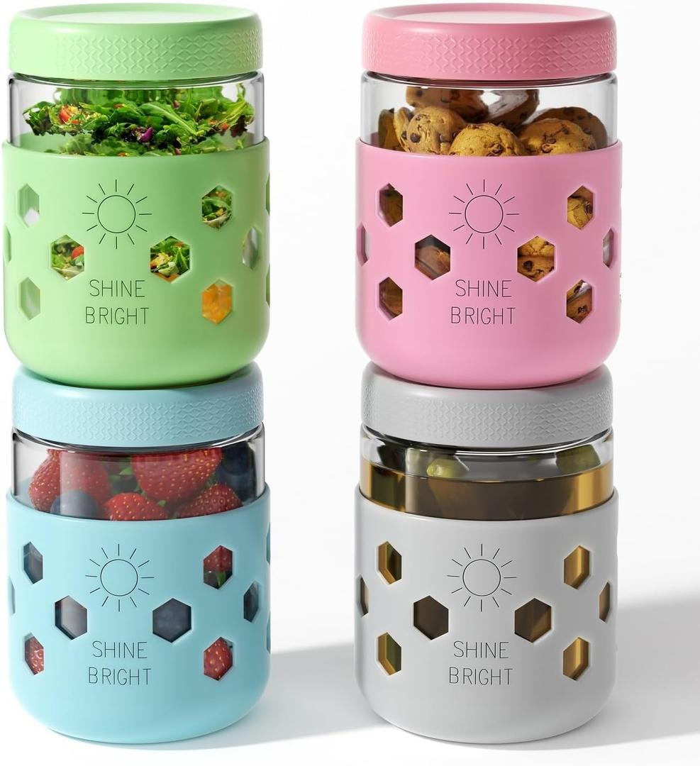 4 Pack Overnight Oats Containers with Lids Thickened Glass 16 oz Mason Jars with Silicone Sleeves Airtight Leak-Proof Cereal Meal Prep Jars for Chia Seed Pudding Oatmeal Yogurt Parfait Snacks Salads