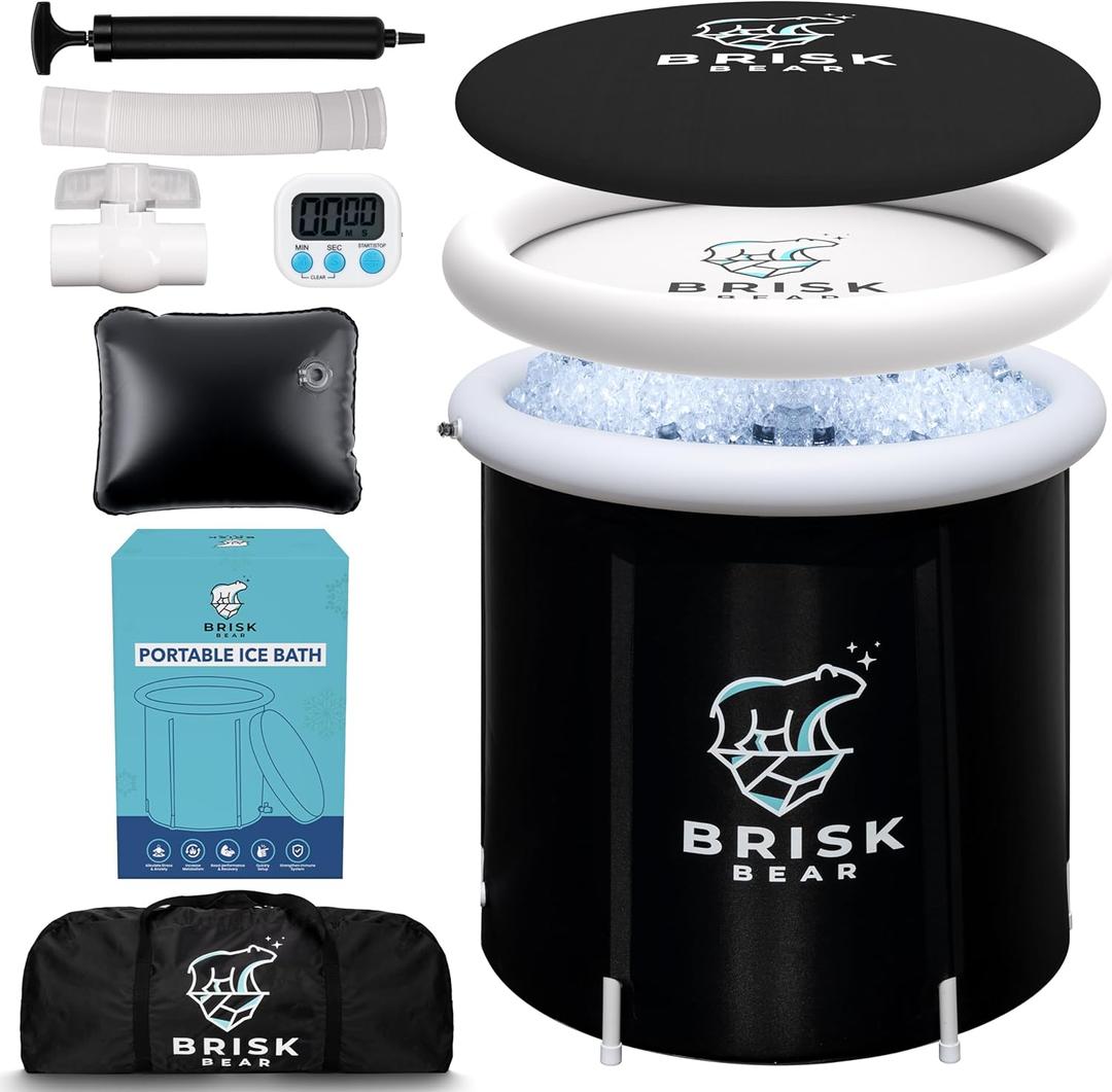 Ice Bath Tub for Athletes with Cover by Brisk Bear - Extra Large Cold Plunge Tub for Recovery - Inflatable Ice Bath Barrel Plunge Pool - Cold Plunge to Soothe Muscles - Black Ice Tub