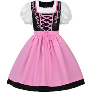 JerrisApparel Girl Dirndl Oktoberfest Costume Bavarian Beer Festival Dress Maid Apron Halloween Cosplay Outfits (14-16 Years/X-Large, Pink)