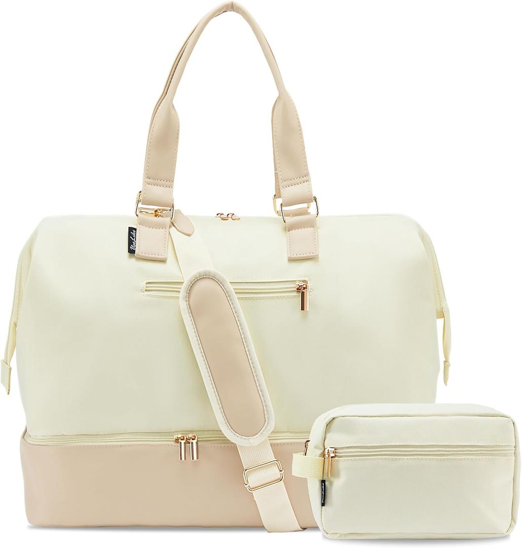 Weekender Bags for Women, Large Travel Duffel Bag with Shoes Compartment, Carry On Overnight Tote Bags with Toiletry Bag (45L, 45L-Beige)