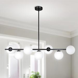 Modern Linear Chandelier 7-Lights Mid-Century Globe Ceiling Light Fixture Glass Pendant Lighting Black Linear Light for Kitchen Island Bedroom Foyer Living Dining Room Over Table