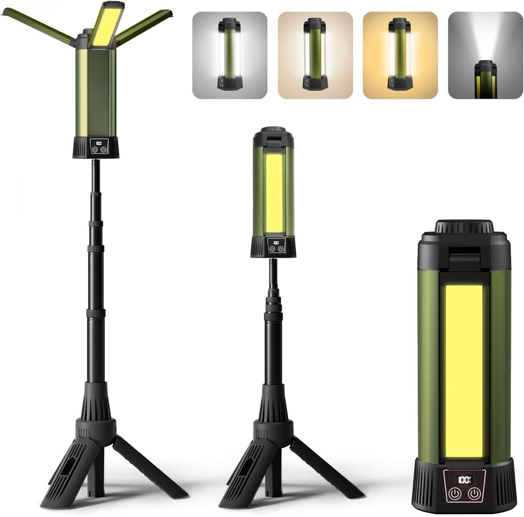 Rechargeable Camping Light with Stand: Cordless Work Light Kit 3 Page Head 500/1000/2000 Lumen 3500/6500K - Dimmable 6AH Camp Lights with Detachable Tripod,Hooks and Carrying Bag(Green-S) (Rechargeable Work Light with Stand Small Green)