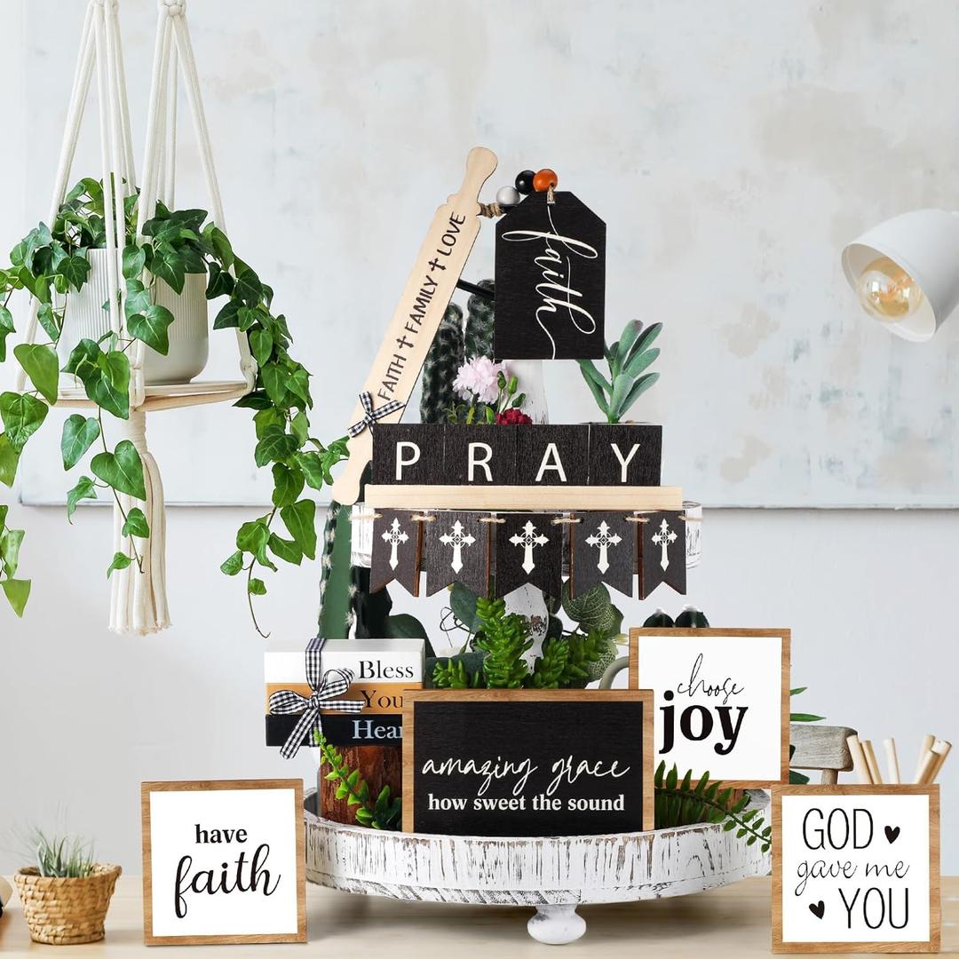Tatuo 13 Pcs Religious Tiered Tray Decorations Set Easter Cross Faith Wooden Table Sign Rustic Farmhouse Christian Tiered Tray Decor for Church Home Tabletop Centerpieces