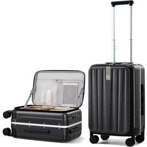 Hanke 20 Inch Carry-On Luggage PC Hard Shell Suitcases for Travel Front Opening Aluminum Frame Travel Luggage Rolling Suitcase with Wheels for Women Man Gifts (Jet Black)