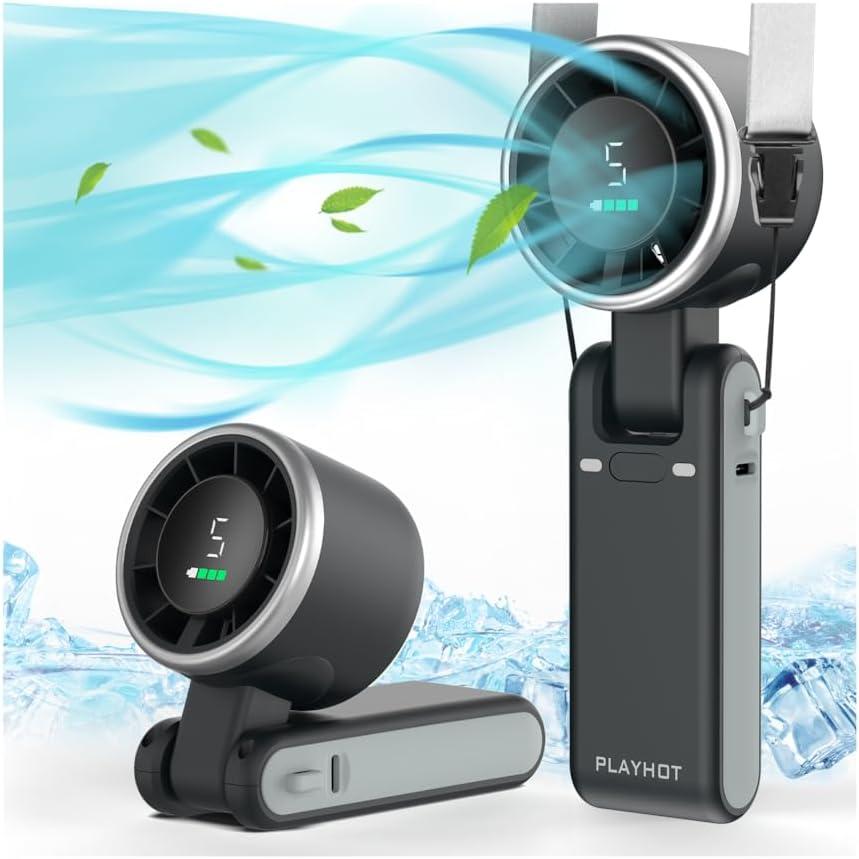 Playhot Portable Handheld Turbo Fan, 5 Gear Wind, Battery Operated, Up to 12 Working Hours, 3 IN 1 Hand Fans with Air Turbo Tech Cooling Fan for Outdoor Activities, Travel, Beach (Black)