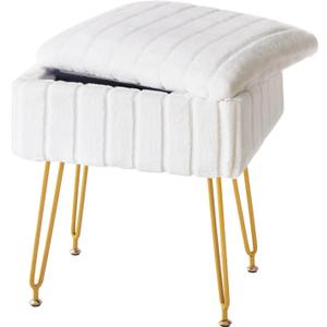 FUXA Vanity Stool Chair with Storage, White Faux Fur Makeup Chair with 4 Metal Legs and Anti-Slip Feet, Soft Padded Seat, Small Footrest Footstool Ottoman, Multifunctional Stool for Bedroom