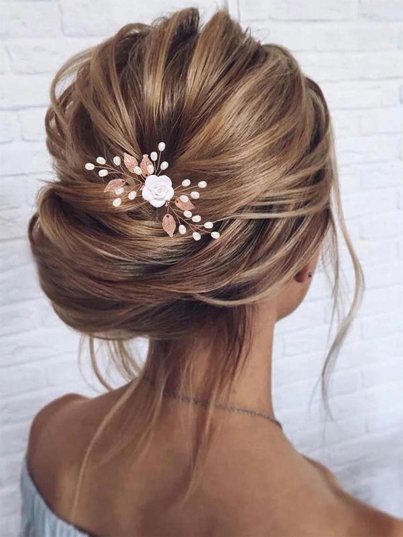 Gorais Flower Bride Wedding Hair Comb Pearl Bridal Hair Pieces Leaf Hair Accessories for Women and Girls (c-rose gold)