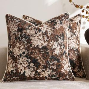 DEZENE Pack of 2 Vintage Floral Throw Pillow Covers 22x22 Boho Farmhouse Accents Chenille Square Decorative Pillow Cases for Living Room Couch Bed Home Decor, Dark Brown