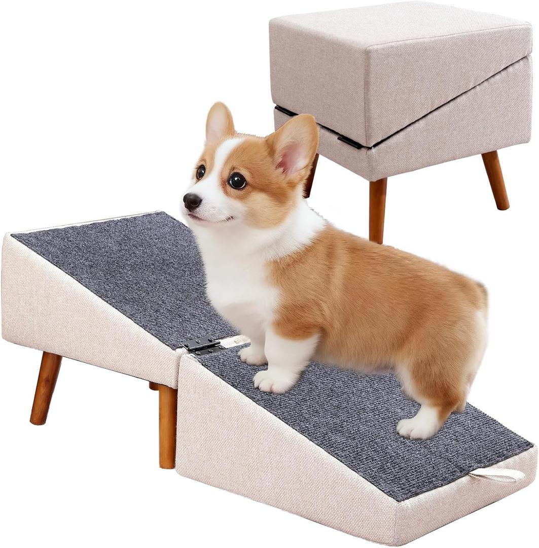 Dog Ramp for Couch and Bed, Dog Stairs for Small Dogs and Cats, Foldable Pet Steps for Medium Senior Dogs and Puppy, Split Ottoman Design Pet Ramp (Light Beige)