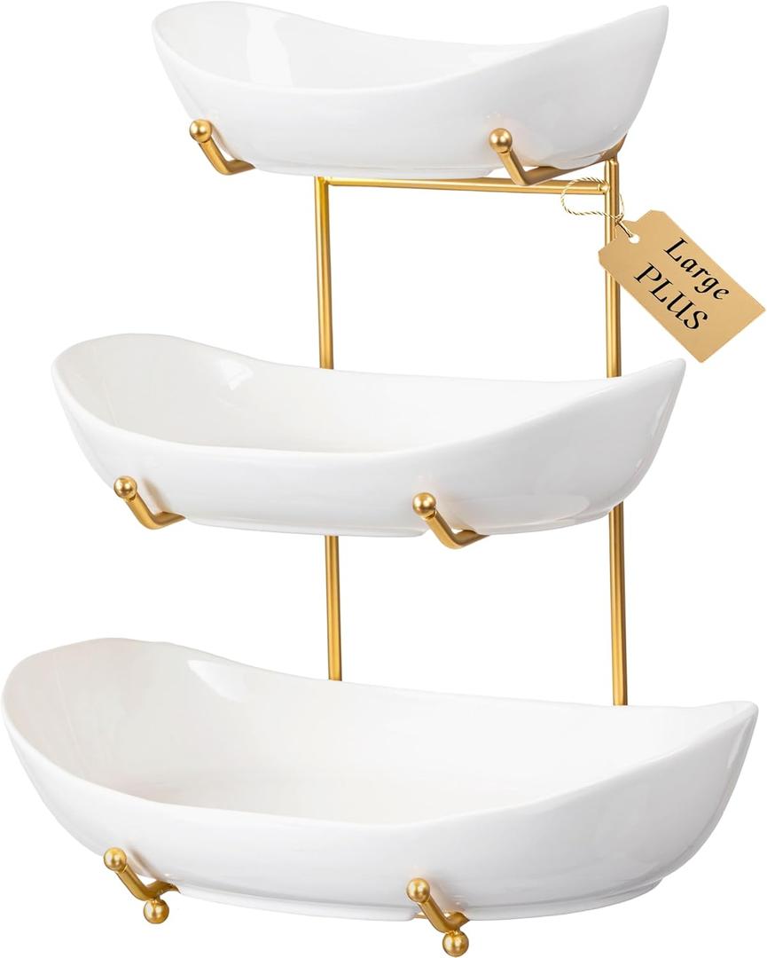 HBlife Fruit Bowl for Kitchen Counter - 3 Tier Fruit Basket with Metal Stand, Ceramic Fruit Holder, Tiered Fruit Platter Serving Trays for Party(Large Size) (White Bowl Gold Rack)