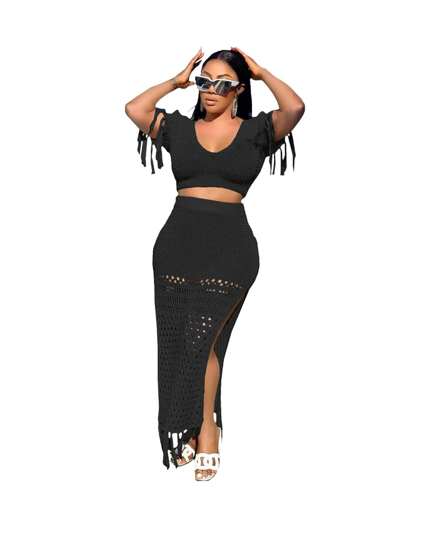 Ladies Casual Sexy Hollow Out Knit 2 Piece Tassel Crop Top and High Split Skirt Set, (Size S)