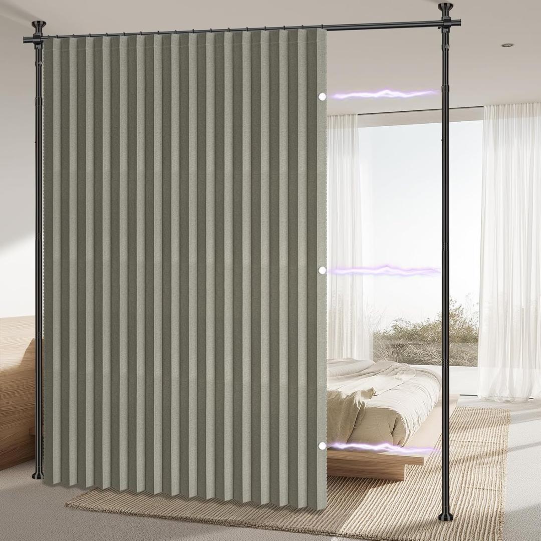 AJAZZ Privacy Curtains for Room Divider with Blackout & Soundproof (Grey, W100 x L84 in, 1 Panel)+ No Drill Curtain Rods(H) 43-120(W) 35-100 in, Wall Divider for Bedroom/Studio/Office Curtain