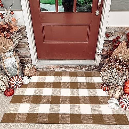 CAINANEL Fall Door Mat Front Door Rug Farmhouse Brown and White Buffalo Check Rug Layered Welcome Door Mat for Front Porch Decor, Front Door, Farmhouse Decor (27.5"x43", Coffee and White)