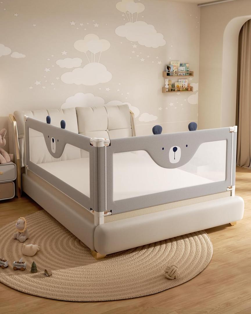 2 Piece Bed Rails for Queen Bed, No-drill Needed Baby Bed Rail Guard for Toddlers with Height Adjustable, Thickened Child Safety Side Railing Guards/Bedrail for Kids, Grey Bear Design, 60x78.7inInches