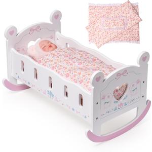 ROBOTIME Baby Doll Crib, Doll Bed for 18-24 Inch Dolls, Wooden Doll Cradle with Mattress, Pillow & Quilt, Pretend Play Doll Furniture Gift for Girls & Boys Ages 3+