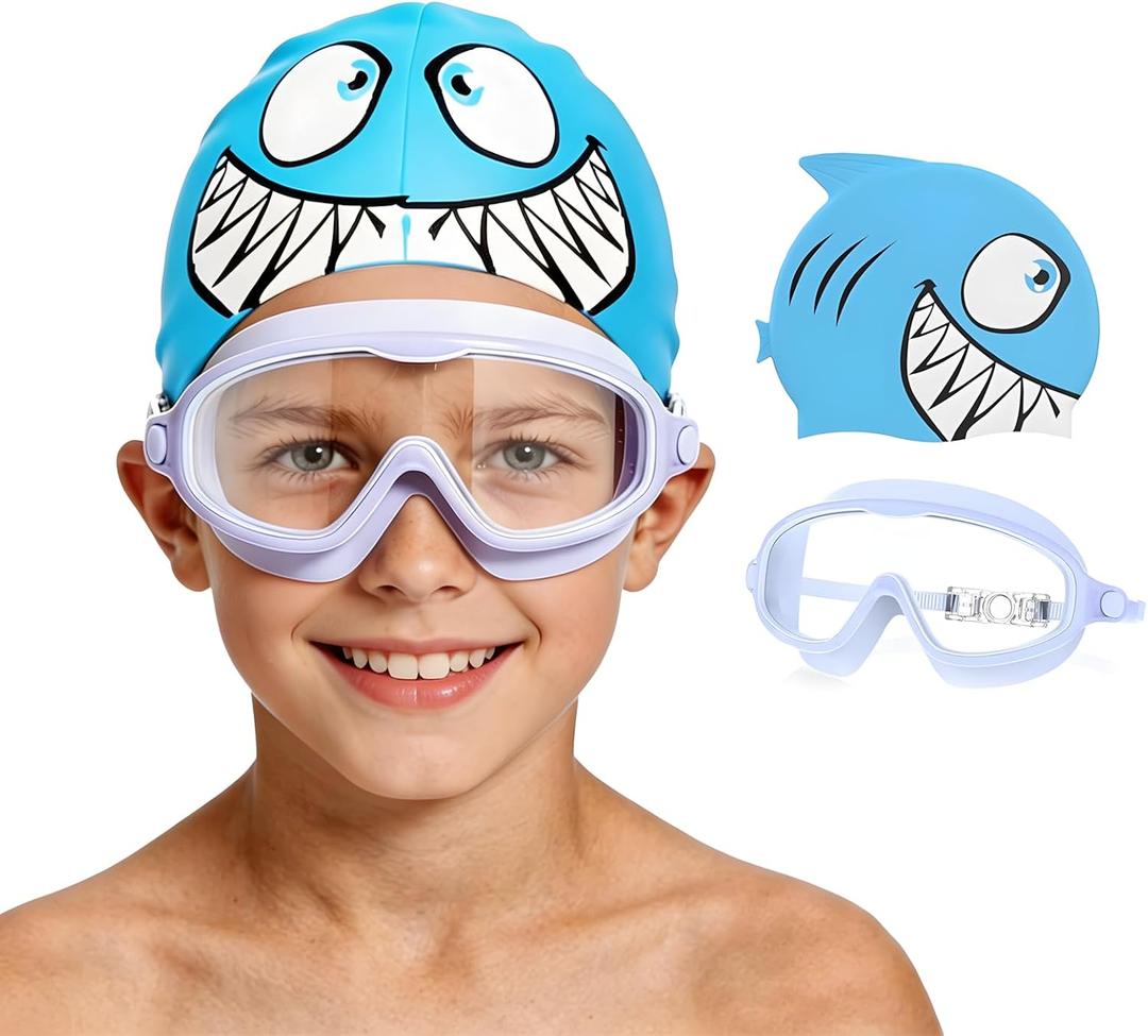 Kids Swim Goggles for 3-8 with Swim Cap, Swimming Goggles Cap Set with Anti-Fog Anti-UV for Boys Girls Toddler