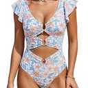 B2prity Women One Piece Swimsuit Tummy Control Ruffle Sleeve V Neck Bathing Suit Cutout Sexy High Waisted Monokini Orange Floral, XL