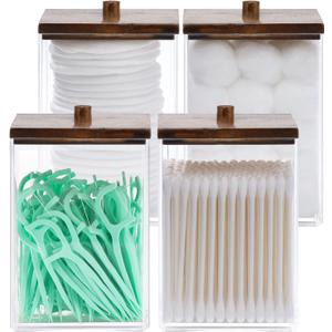 Tbestmax 12 OZ Cotton Swab/Ball/Pad Holder, Qtip Apothecary Jar, Clear Bathroom Containers Dispenser for Storage 4 Pack Black Wood Lids