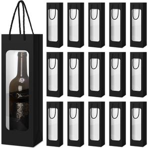Tioncy 24 Pcs Single Wine Bottle Gift Bag Bulk Wedding Champagne Boxes with Clear Window Handles Reusable Holiday Party Favor(Black)
