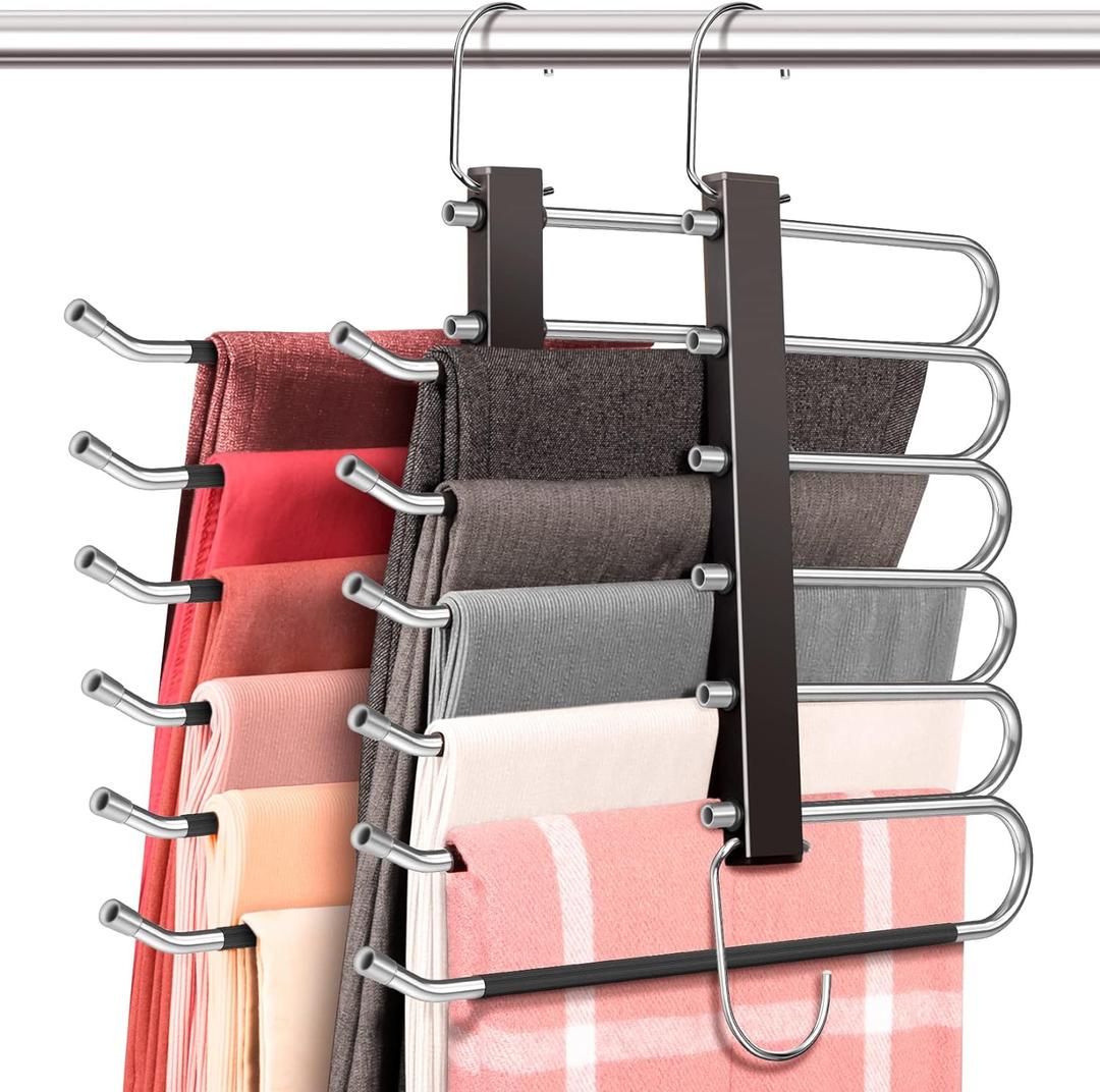 HUITEM 4 Pack 6-Tier Space Saving Pant Hangers, Anti-Slip, Lightweight, Stainless Steel, Black, 6 Pairs Jeans Hangers