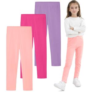 Resinta 3 Pack Girls Leggings Cotton Full Length Leggings Soft Comfortable Footless Stretchy Tights Pants for Kids (7-8 Years, Light Coral, Light Purple, Hot Pink)