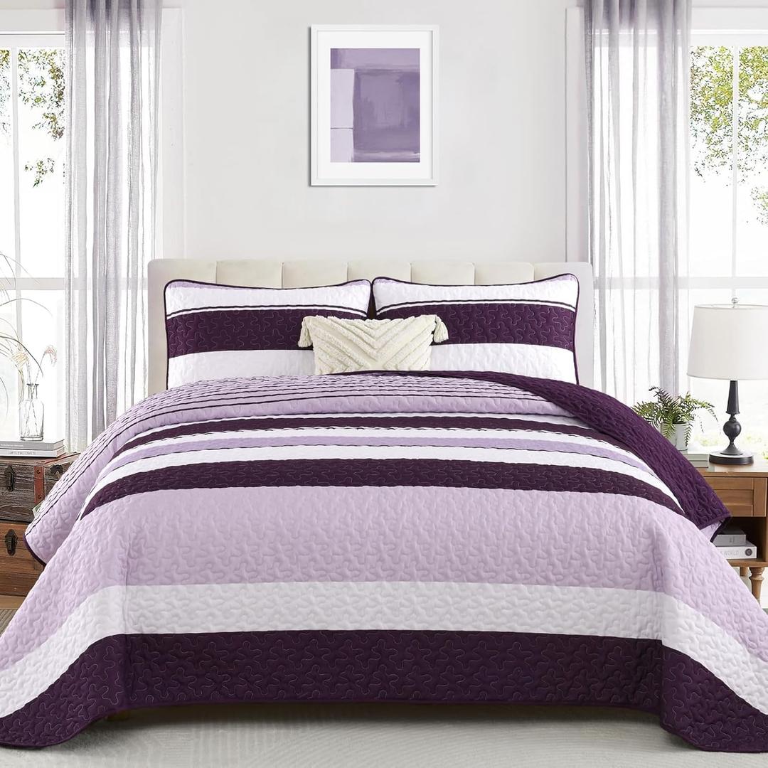 Dinjoy Purple Boho Quilt Set Queen,Striped Bedspreads Queen Size Lightweight Farmhouse Quilts 3 Pieces Patchwork Bedding Sets Coverlet Bed Set with 2 Pillowcases for Women Fall Winter