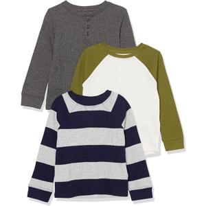 Amazon Essentials Boys and Toddlers' Long-Sleeve Knit Thermal T-Shirt, Pack of 3 (Dark Grey/Grey Rugby Stripe/White)
