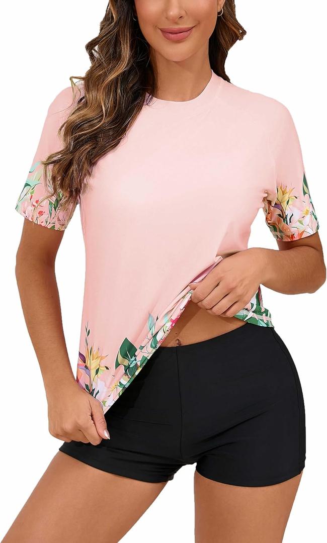 Halcurt Women's Built in Bra Rash Guard UPF 50 Two Piece Swimsuit Shirt and Board Shorts (Size X-Large, Pink Floral Shrubs/ Padded Top)