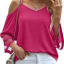 Jouica Womens Summer Cold Shoulder Tops Mesh Panel 3/4 Bell Sleeve Tees Adjustable Spaghetti Strap Loose Fit Shirts (Pink, S)