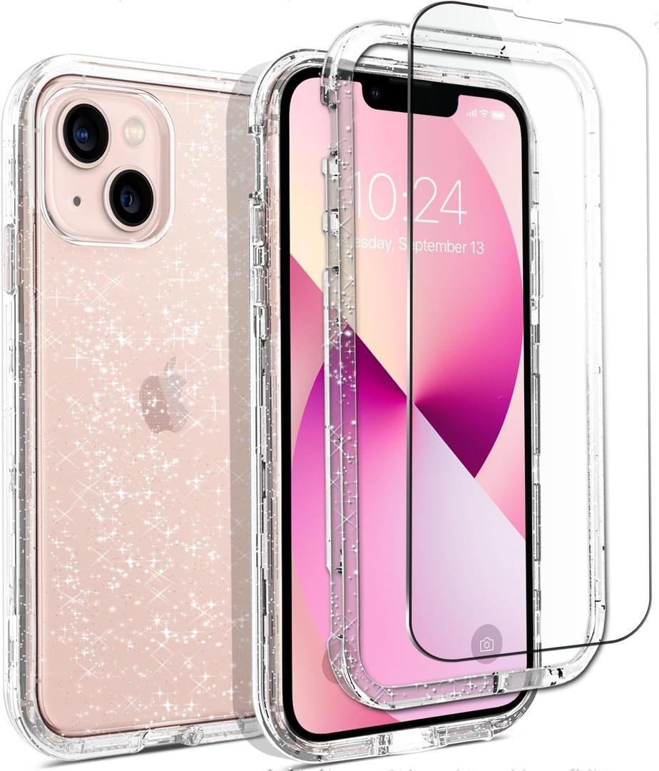 Coolwee Crystal Glitter Full Protective Case for iPhone 13 Heavy Duty Hybrid 3 in 1 Rugged Shockproof Women Girls Transparent Compatible with iPhone 13 6.1 inch Shiny Clear Bling Sparkle
