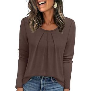 OFEEFAN Long Sleeve Shirts for Women Pleated Crewneck Womens Tops Dressy Casual Business Blouses Size L