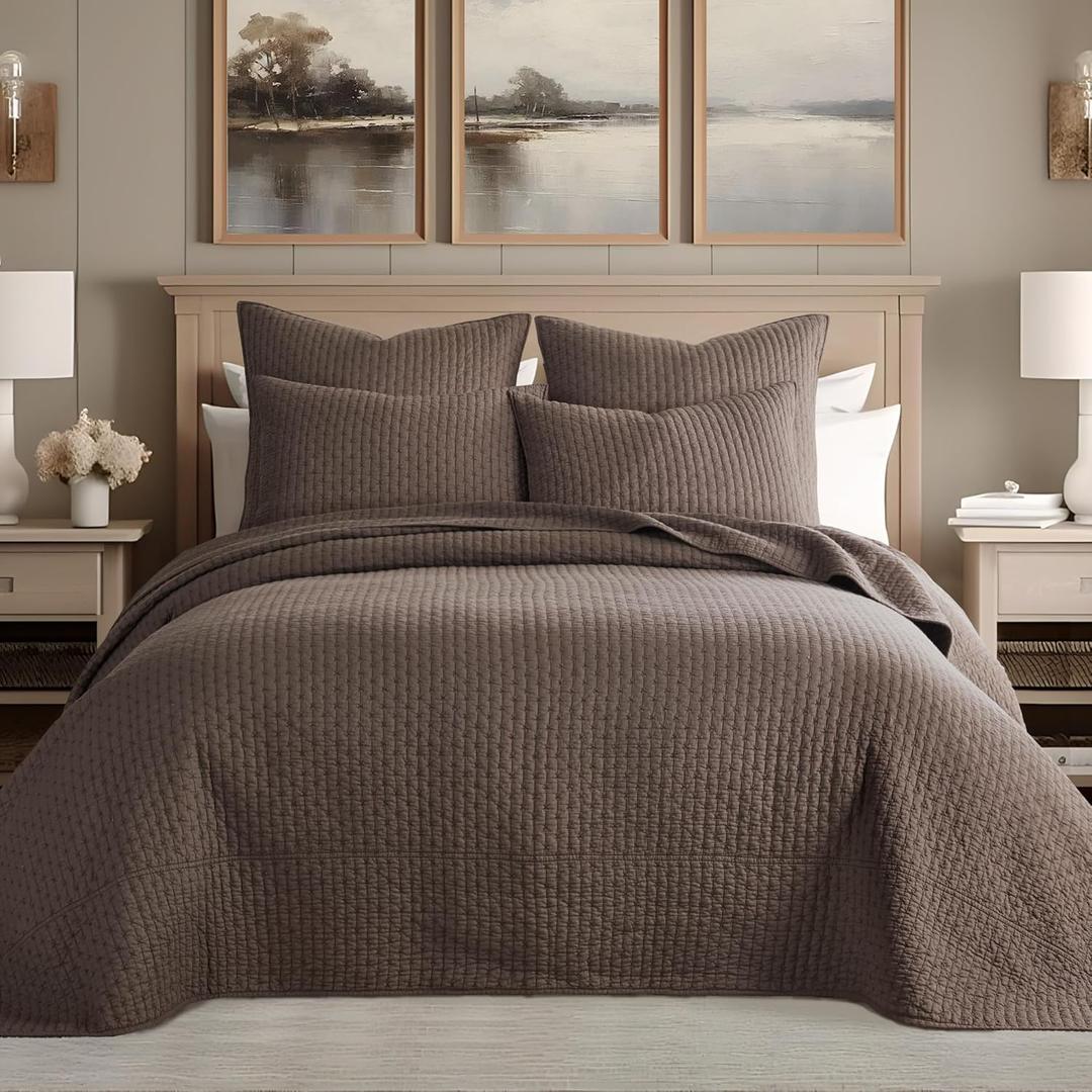 Levtex Home - Cross Stitch Cocoa Bedspread Set - King Quilted Bedspread and Two King Shams - Cross Stitch Pattern - Bedspread (120x104in.) and Shams (20x36in.) - Cotton (Chocolate)