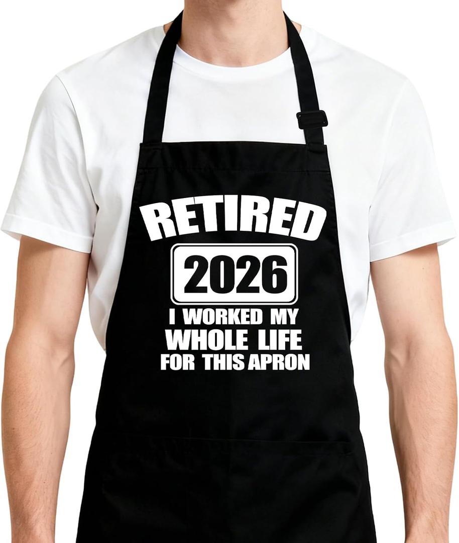 Retired 2026 Aprons for Women Men with 2 Pockets, Adjustable Apron for Cooking BBQ, Retirement Gifts for Dad Mom