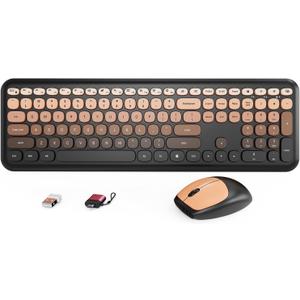 HotFox Wireless Keyboard and Mouse Combo, Full-Size Retro Typewriter Keyboard with Round Keycaps, Ergonomic Design for Windows PC, Home and Office Use -Red