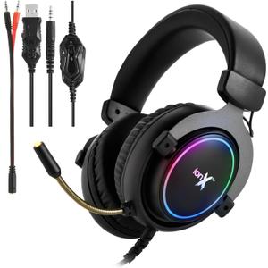 Wired Gaming Headphones with Microphone, Over The Ear 3.5mm Headphones with Microphone and RGB Lighting (Black)
