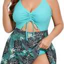 Summer Mae Women's Plus Size One Piece Swim Dress Floral Cutout Swimsuits V-Neck Bathing Suit with Skirt 18W