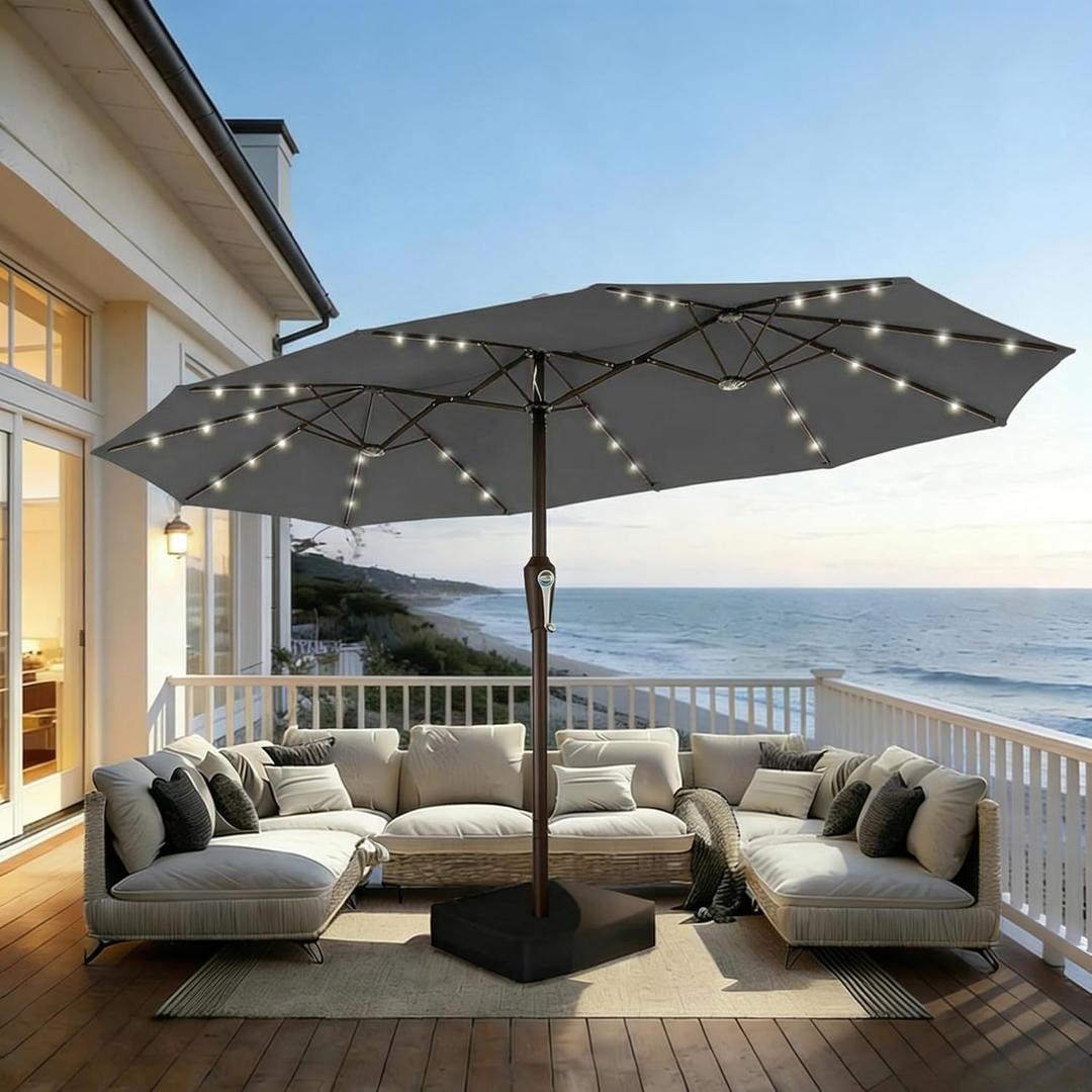 15FT Patio Umbrella with Solar Lights, Double-Sided Extra Large Outdoor Table Umbrella with Base Included, Heavy-Duty 12 Iron Ribs Market Umbrella for Garden, Pool, Backyard, Gray