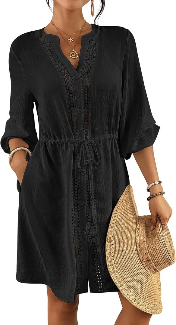 Bsubseach Swimsuit Coverup for Women V Neck Bathing Suit Cover Up with Pocket Drawstring Button Down Beach Shirt Dresses (Black) XXL