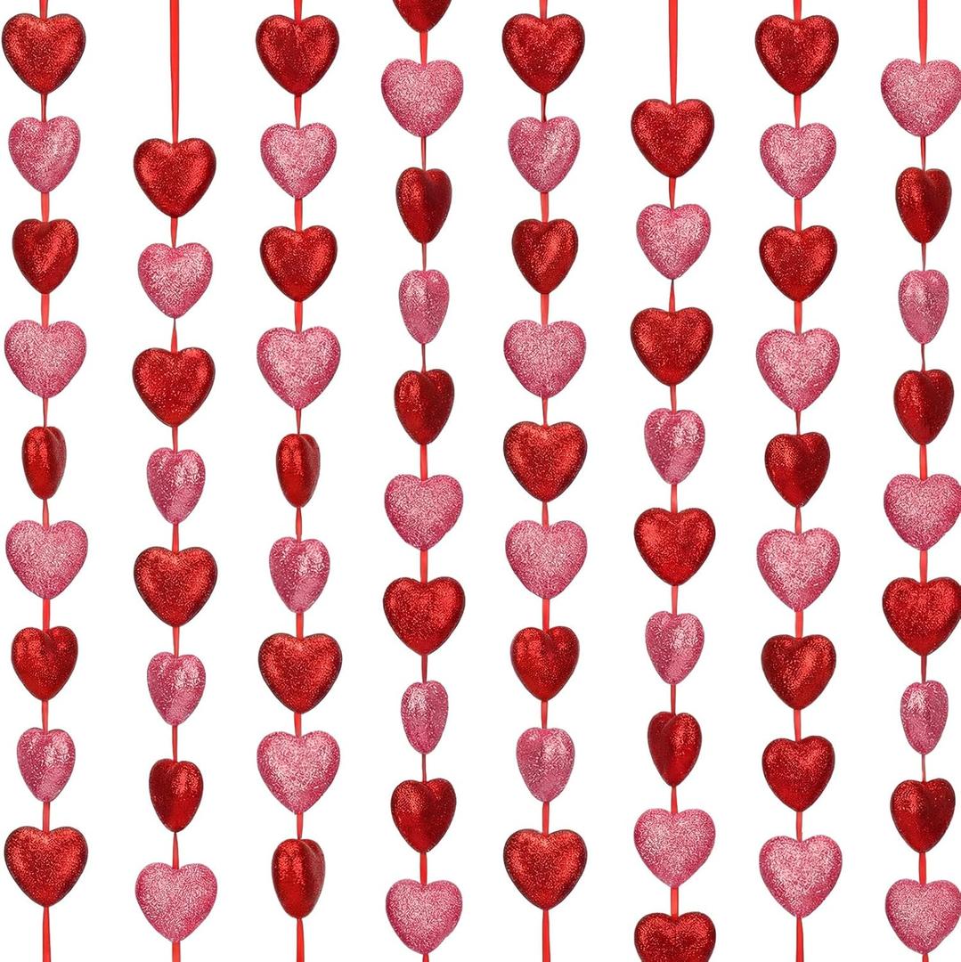 Pangda 6 Pcs Valentine's Heart Garland 39.6ft Glitter Foam Heart Garland 3D Sparkly Hanging Streamer for Valentines Decor Wedding Anniversary Bachelorette Party Bridal Engagement Romantic(Red,Pink)