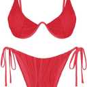 ZAFUL Women's Textured Underwire Bikini Set V Notch High Cut Swimwear Tie Side Ribbed Sexy Swimsuits (Small, Red)
