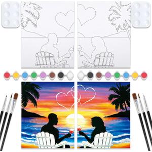 VOCHIC Sip and Paint Kit,Pre Drawn Canvas Couples Paint Party Kit Painting Art Set for Adults Date Night Sunset Beach Lovers 2 Pack (8 x 10 Inches)