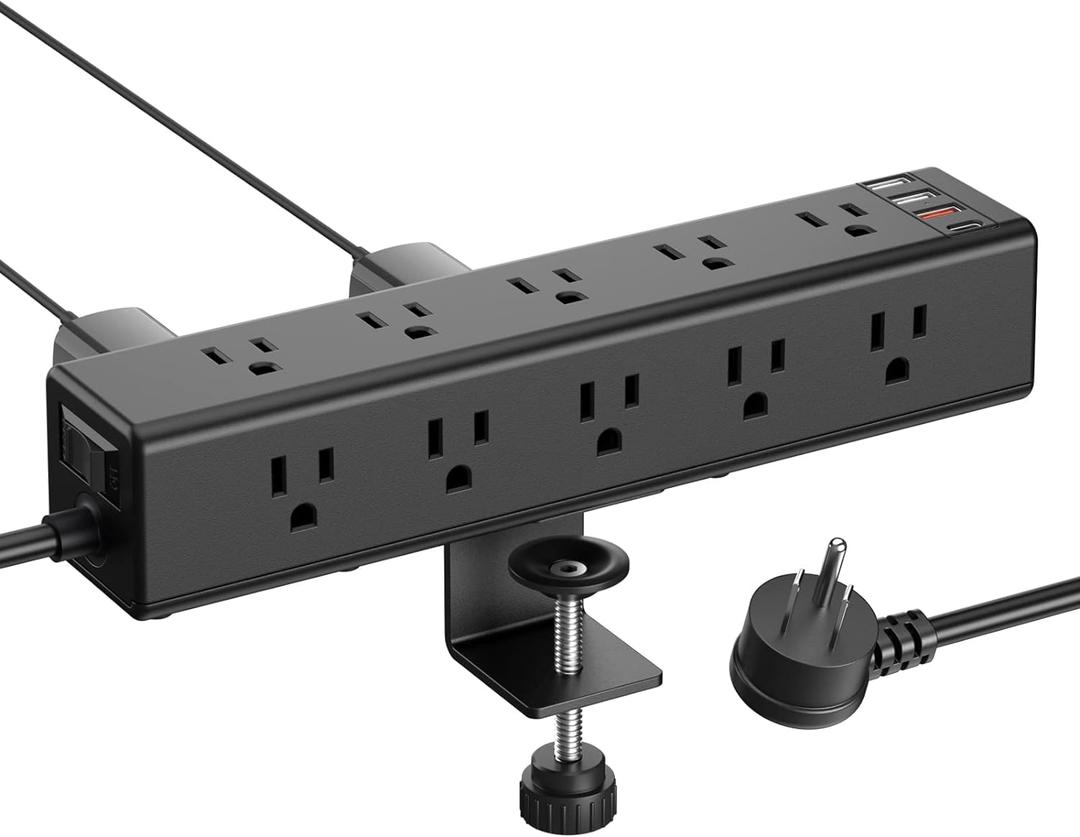 CCCEI Standing Desk Clamp Power Strip with 15 Outlets, Black Desktop Edge Mount Surge Protector Outlet, Fast Charging USB-A and 65W USB-C Ports, 6 FT Flat Plug, Black Fit 1.6 inch Table Top