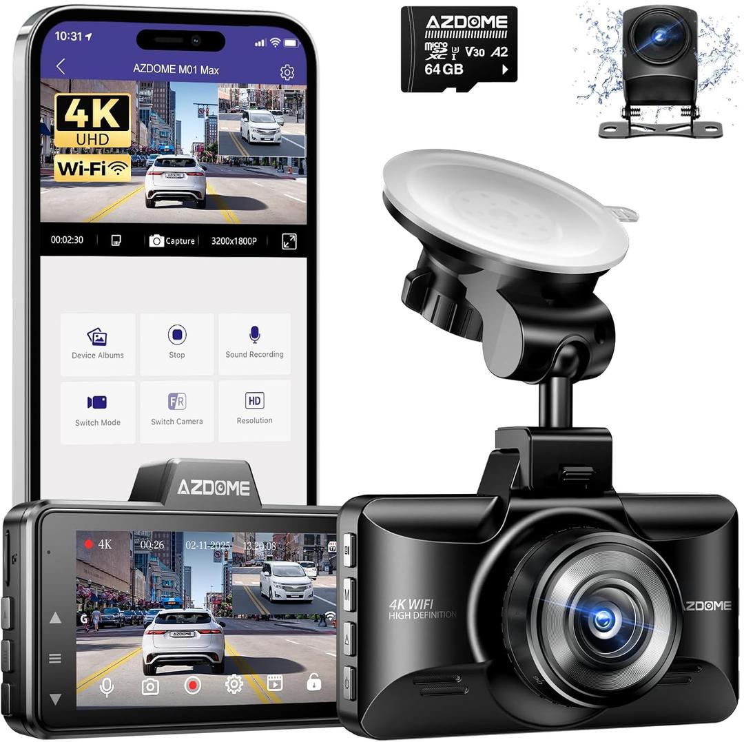 AZDOME M01 Max UHD 4K Dash Cam Front and Rear, Built-in Wi-Fi, Free 64GB Card, App Control, 4K+1080 Dash Camera for Car, Built-in ADAS, G-Sensor, IP68 Waterproof, 24H Parking Mode Dashcam