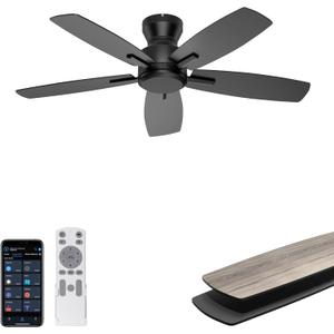 Ohniyou 42 Inch Ceiling Fan No Light, Low Profile Ceiling Fan with Remote and App Control, Flush Mount Ceiling Fan without Light for Bedroom Kitchen Covered Patios, Quiet DC Motor, Black