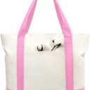 TOPDesign 1-Pack Canvas Tote Bag with an External Pocket, Reusable Grocery Shopping Bag, Top Zipper Closure, Daily Essentials (Pink/Natural)