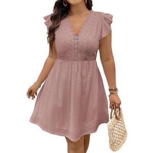 Eytino Plus Size Dresses for Women Summer Ruffle Cap Sleeve Lace V Neck Embroidery Eyelet A Line Dress (2X, Pink)