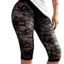RoseSeek Women's Lace See Through Capri Pants Elastic High Waisted Skinny Leggings Cropped Trousers M