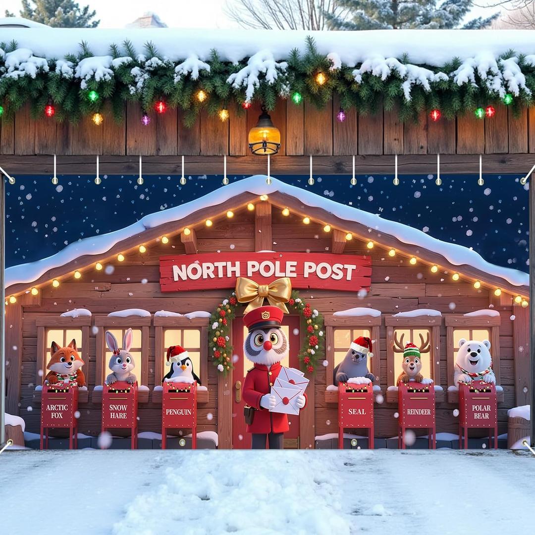 Christmas Garage Door Cover Decoration with Installation Instruction, Hooks and Rope,16 x 7 ft Large Fabric North Pole Xmas Garage Door Banner Covering Mural Backdrop Background